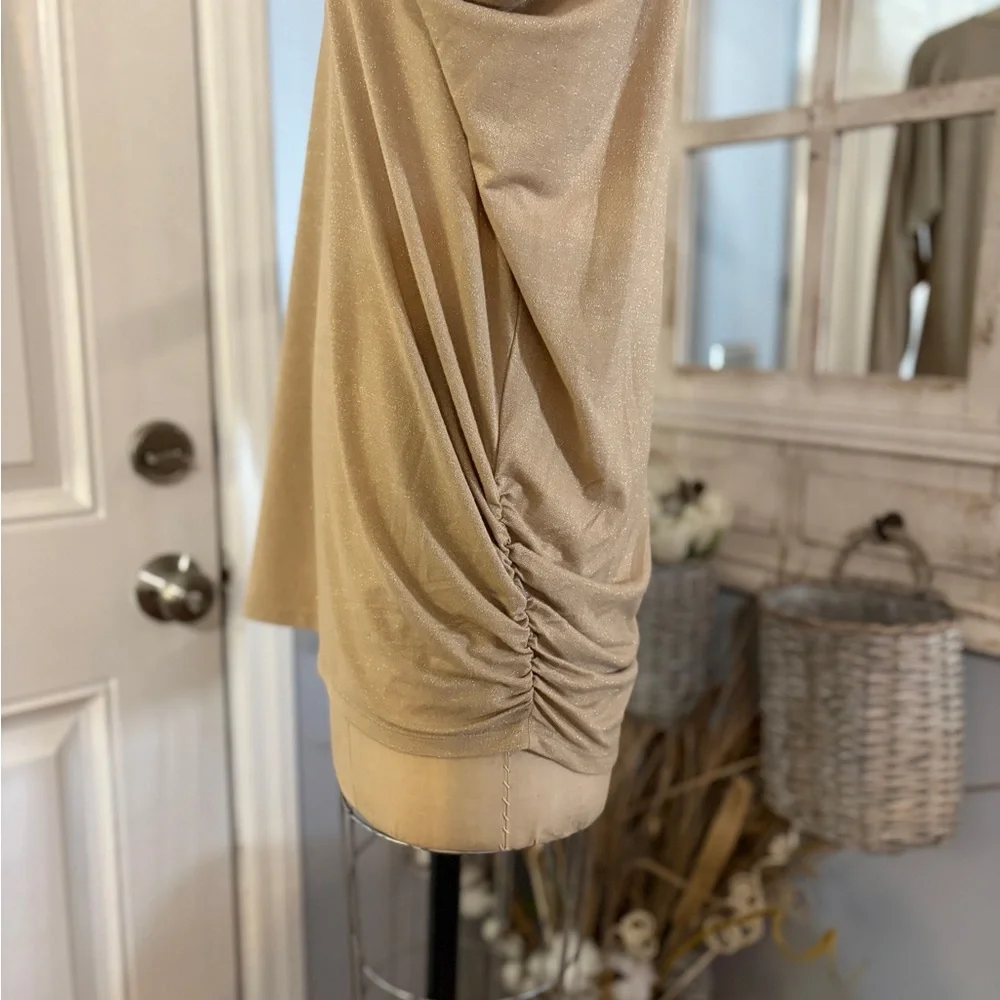 Michael Kors Gold Metallic Festive Lustrous Gleaming Blouse side Ruching Size XL